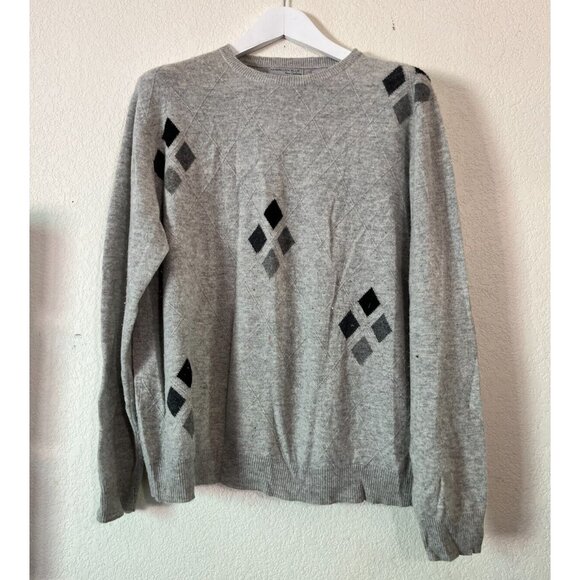 American Blue Pure Cashmere Argyle Crew Neck Sweater Mens Large Gray Pullover - Picture 1 of 8